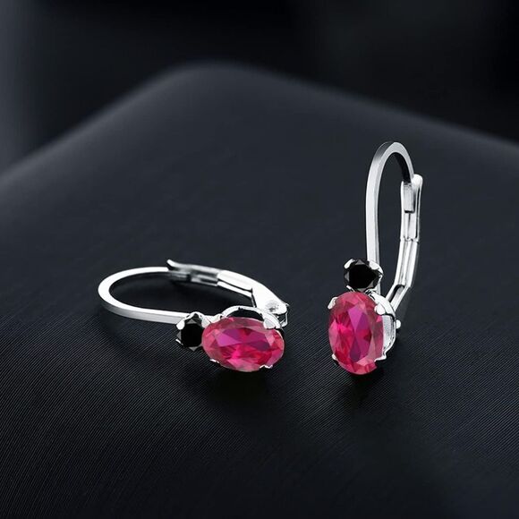 18K White Gold with 1.07 Cttw Ruby and Black Diamond Leverback Drop Earrings - Picture 2 of 5